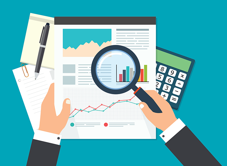 Audit picture, magnifying glass, accounts, calculator