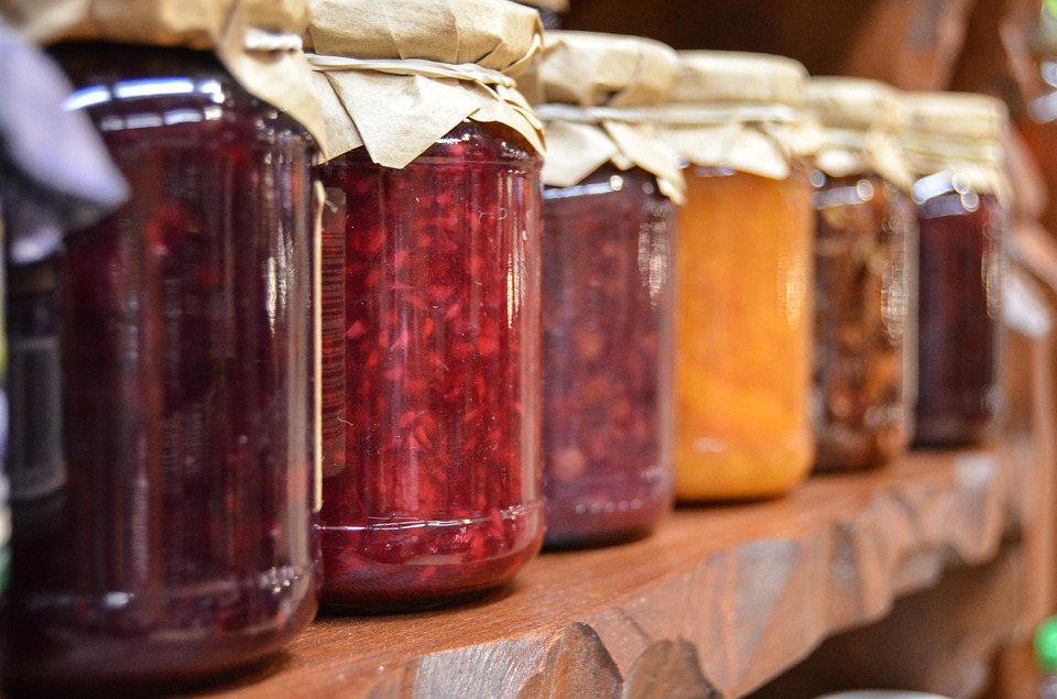 Hobby making jam, colourful jam jars